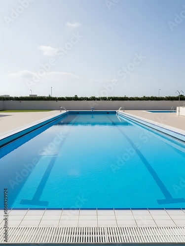 Serene swimming pool beneath a bright blue sky, tranquil and inviting