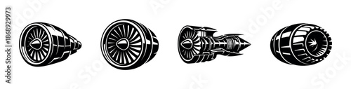 Jet engine vector icons set. black and white aviation turbine symbols. aircraft design elements.