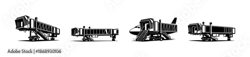 Vector icons set of boarding ramps. airport, airplane connectors, jet bridges.