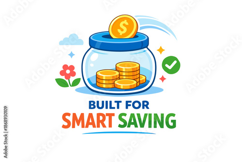 Built for smart saving: colorful coin jar illustration with dollar symbol