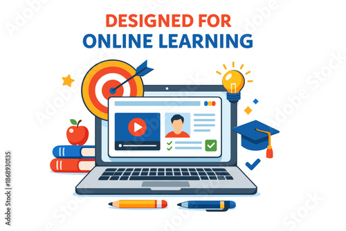Online learning tools and resources with laptop and educational icons