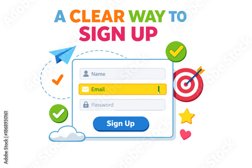 Illustrated sign-up interface with email and password fields