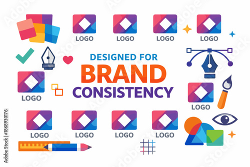 Brand consistency design toolkit with creative icons and logo samples