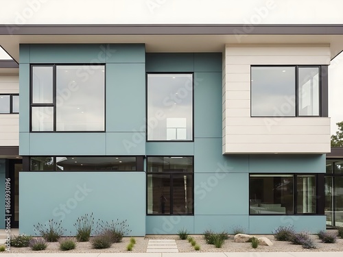 Sleek and Modern Home Facade with Blue Paneling and Black Framed Windows