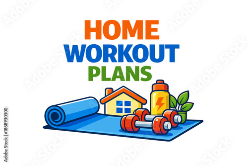 Home workout plans with exercise equipment and healthy lifestyle symbols