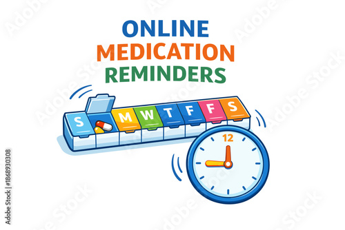 Online medication reminders with weekly pill organizer and clock