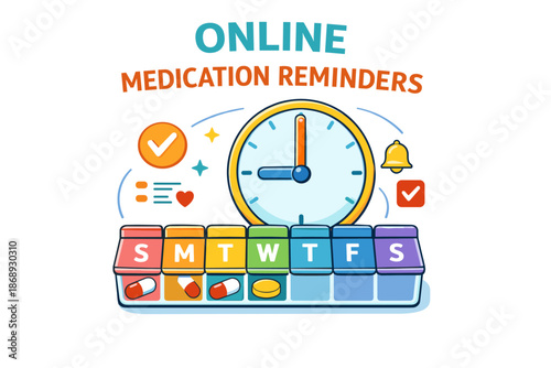 Colorful online medication reminders with clock and weekly pill organizer