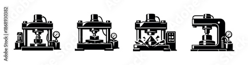 Industrial machinery vector icons set: hydraulic presses, mechanical equipment, tools