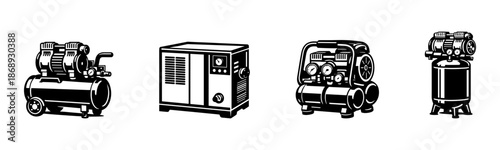 Air compressor vector icons set, machinery tools, equipment, industrial devices