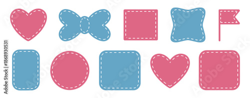 Patches Different Shapes with Dotted Line Set, Cute Pastel Templates with Place for Text or Photo Frames, Girl and Boy Birth Frame, Decorative Vector Elements in Blue and Pink for Scrapbooking