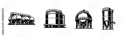 Industrial tanks vector icons set: storage, reservoir, silo, gas tank symbols