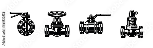 Industrial valve vector icons set: flat, solid, outline mechanical symbols