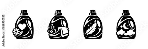 Detergent bottles vector icons set, cleaning symbols collection for home and laundry