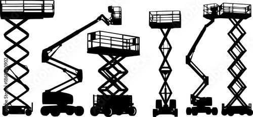 set of scissor lift machine silhouette, black and white silhouette, vector and illustration
