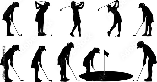 golfer, golf girls black vector silhouettes
