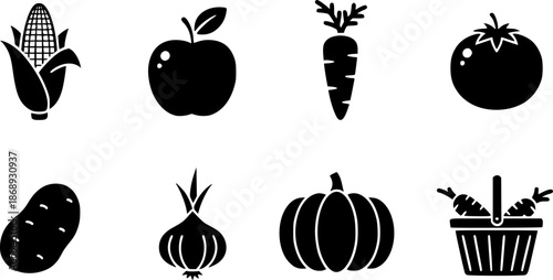 Fresh produce icon set – solid silhouette style for farm, harvest, and agriculture: corn, apple, carrot, tomato, potato, onion, pumpkin, basket
