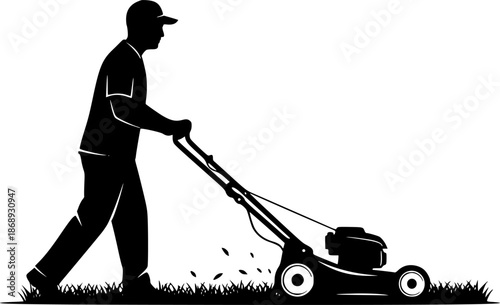 A Person Mowing Lawn with a Lawn Mower Silhouette Vector Illustration
