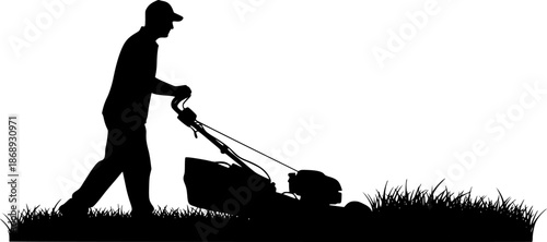 A Person Mowing Lawn with a Lawn Mower Silhouette Vector Illustration
