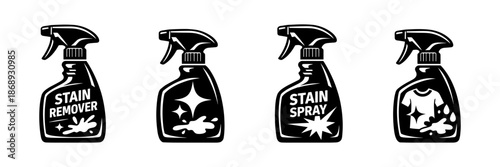 Cleaning products vector icons set: stain remover spray symbols in black