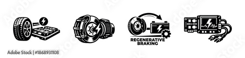 Electric vehicle components vector icons set: wheels, brakes, motors, and circuits