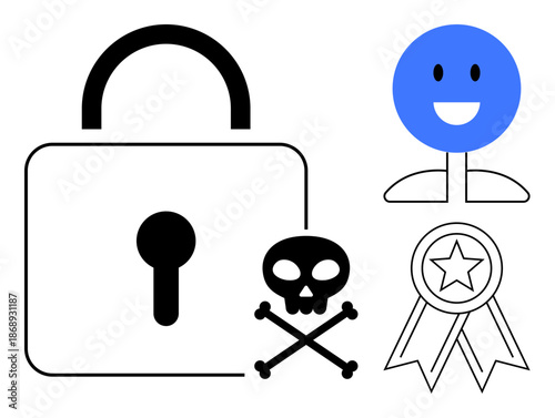 Cybersecurity, online authentication, privacy protection, digital safety, trust guarantees, data risks. Visual includes a lock, skull symbol ribbon and smiling face. Cybersecurity and online