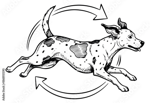 Hand drawn line art illustration of a spotted dog depicting energetic running for pet care design