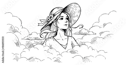 Hand drawn line art illustration of a woman in a straw hat depicting a serene gaze amidst clouds for inspirational themes