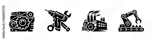 Industry vector icons set. factory, automation, machinery, tools symbols collection