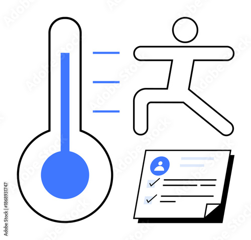 Thermometer, jumping figure, and checklist signify fitness tracking, medical monitoring, activity progress, and health management. Ideal for healthcare, fitness, wellness diagnostics progress