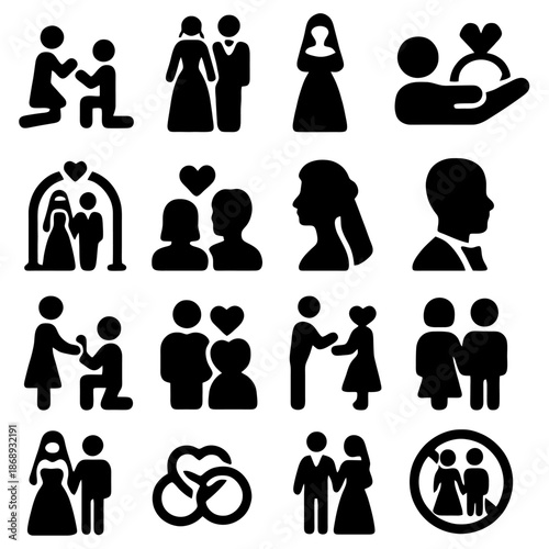 Wedding Icon Collection: A series of elegant icons capturing the essence of a wedding, from proposal to the exchange of rings, offering a visual narrative of love and commitment.