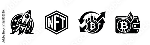 Cryptocurrency vector icons set: bitcoin, nft, wallet accelerator symbols