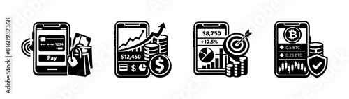 Financial vector icons set: mobile banking, crypto, charts, currency growth