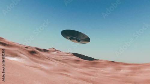Flying Saucer UFO Hovers over a sandy desert and rapidly flies away CGI Animation