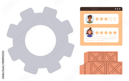 Logistics, supply chain, customer feedback, workflow management, e-commerce, service quality. A gear, user reviews and shipping boxes. Logistics and supply chain concepts