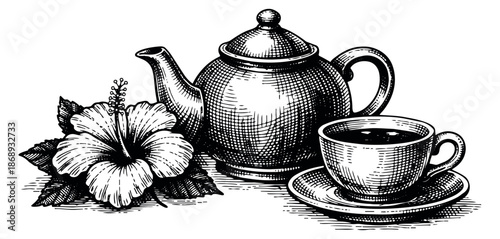Hand drawn line art set featuring a teapot, a teacup, and a hibiscus flower for beverage and floral designs