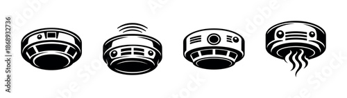 Smoke alarm vector icons set. monochrome fire safety symbols. detector, safety tech.