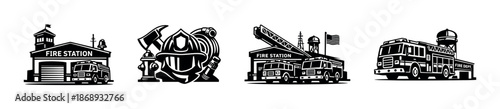 Fire station vector icons set: firefighter equipment and emergency vehicles