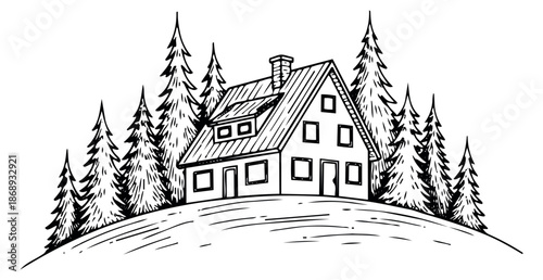 Hand drawn line art illustration of a house with pine trees depicting a mountain retreat for winter holidays