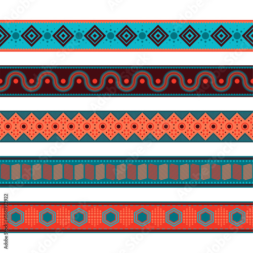 Colorful Ethnic Border Pattern Collection, Tribal Geometric Stripes and Traditional Decorative Lines