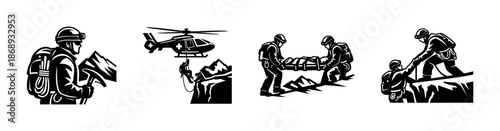 Mountain rescue vector icons set: climbing, helicopter, team, safety symbols