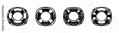 Vector icons set of nautical lifebuoys. black and white lifeguard ring symbols