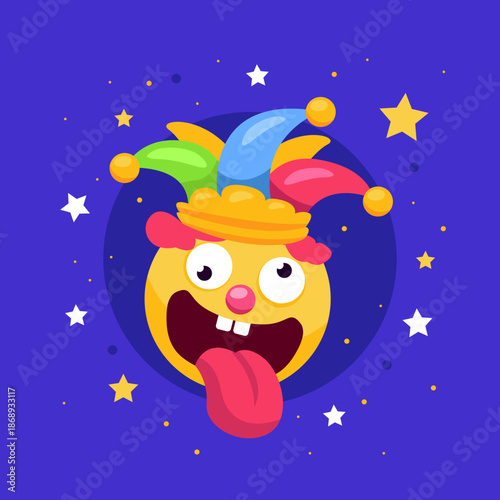 April fools clown design with blue purple background