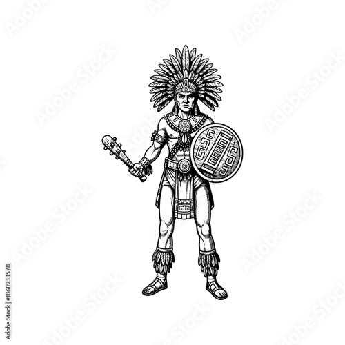 Ancient aztec warrior engraving.