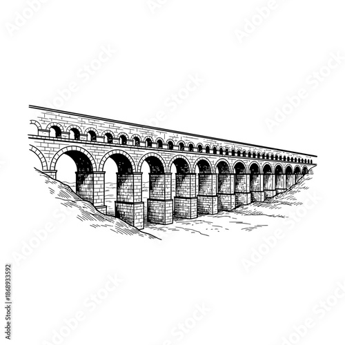 Ancient roman aqueduct engraving.