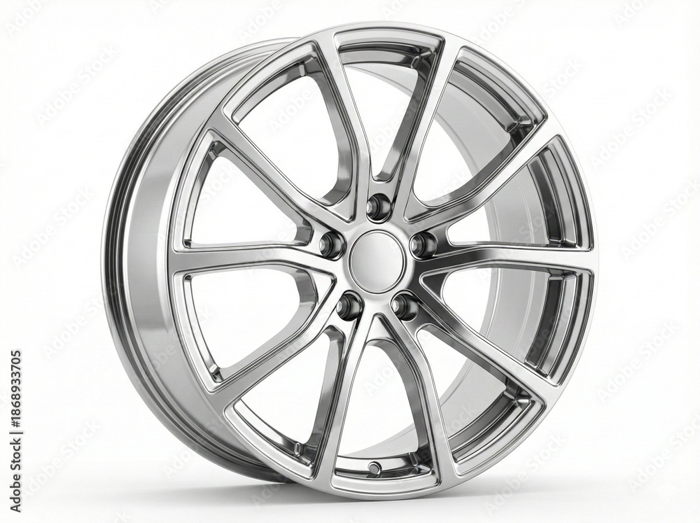 Obraz premium Shiny Chrome Alloy Wheel Rim Isolated on a Clean White Background