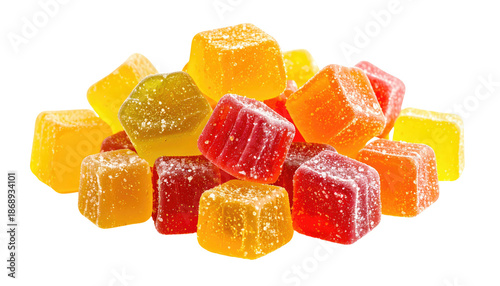 A vibrant pile of colorful, square-shaped fruit gummies, against a transparent background