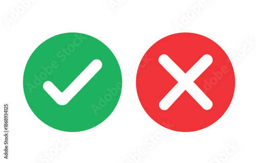 Green checkmark and red cross icon set, yes no buttons, right wrong symbols, approval and rejection checkbox vector illustration