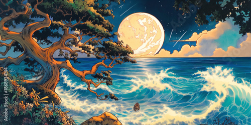 Obraz na płótnie 月光が波間に揺れる幻想的な夜の海 自然と癒しの背景イラスト素材 海 月 夜景 幻想的 自然 静寂 ロマンチック 波 イラスト 癒し 風景画 満月 星空 背景素材