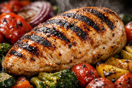 grilled chicken breast with char marks, paired with colorful roasted vegetables