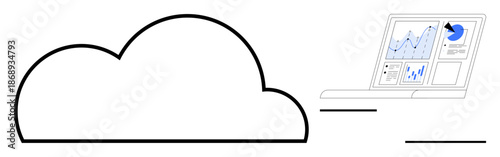 Data storage, cloud computing, analytics, business intelligence, technology trends, digital transformation. A cloud connected to a laptop displaying analytics. Cloud computing and data storage
